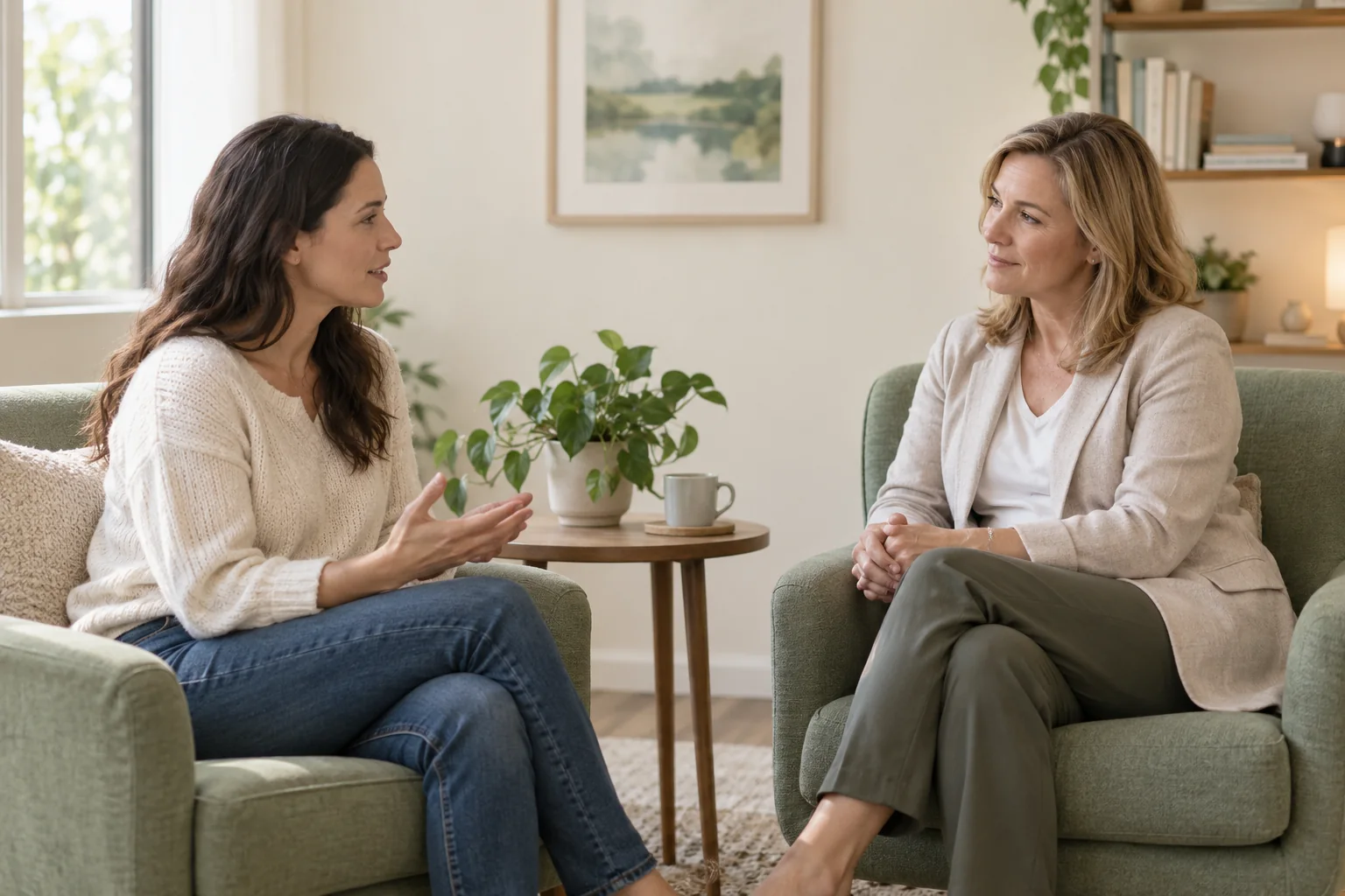 Two adults seated upright in armchairs during a counseling conversation